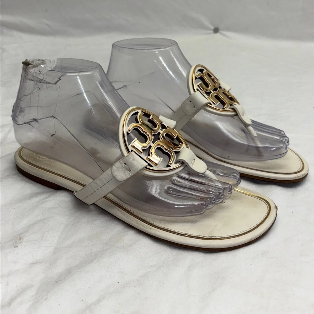 Tory Burch White Leather Logo Thong Sandals with Gold Medallions women’s size 8M - Picture 3 of 11
